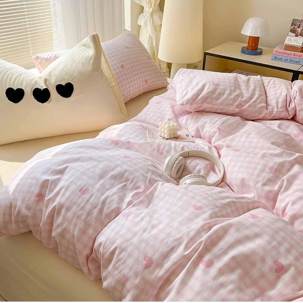 Twin Pink Heart Check Duvet Cover Set - Home Bedding